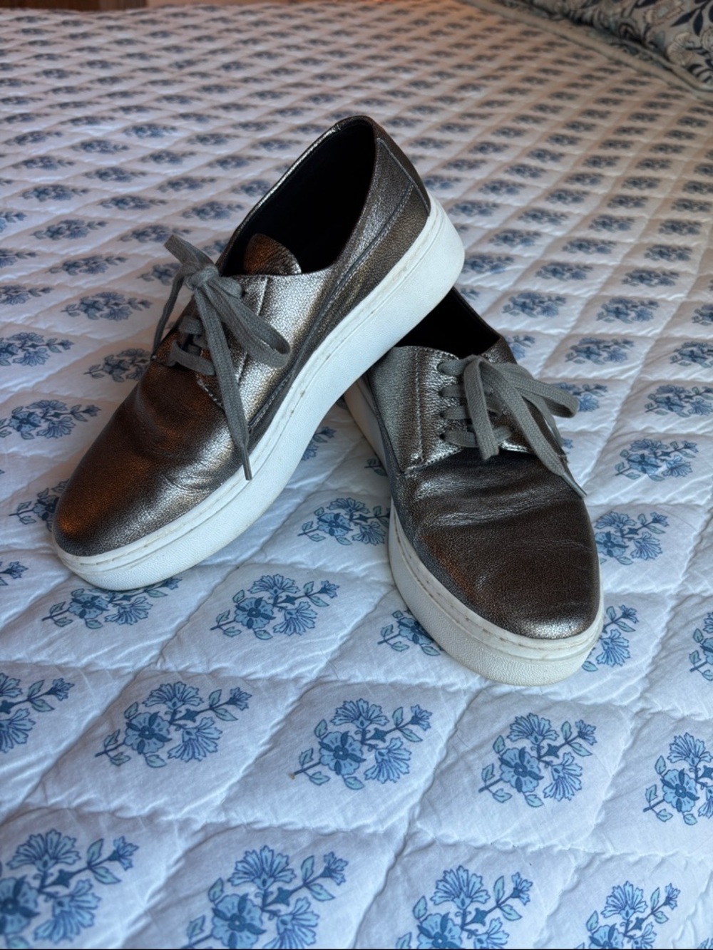 Eileen Fisher Metallic Silver Leather Platform Sneakers